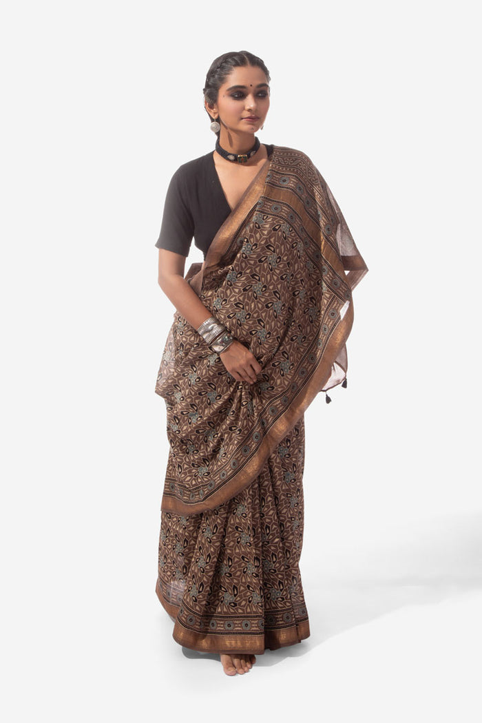 Ajrakh Handwoven Maheshwari cotton silk hand block printed saree