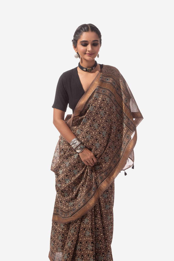 Ajrakh Handwoven Maheshwari cotton silk hand block printed saree