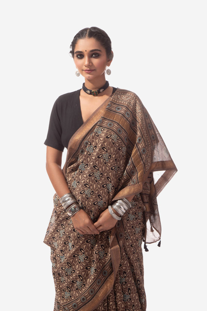 Ajrakh Handwoven Maheshwari cotton silk hand block printed saree