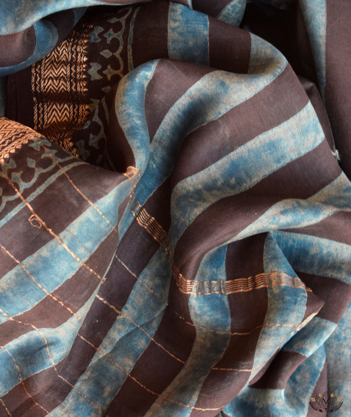 Ajrakh Handwoven Maheshwari cotton silk hand block printed saree