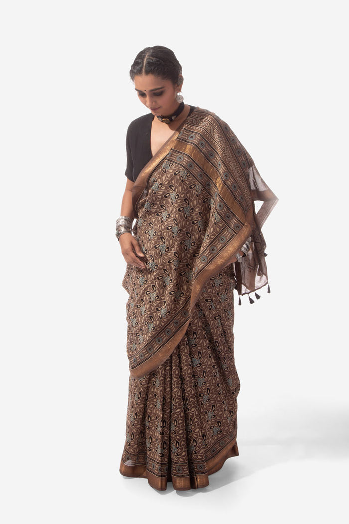 Ajrakh Handwoven Maheshwari cotton silk hand block printed saree