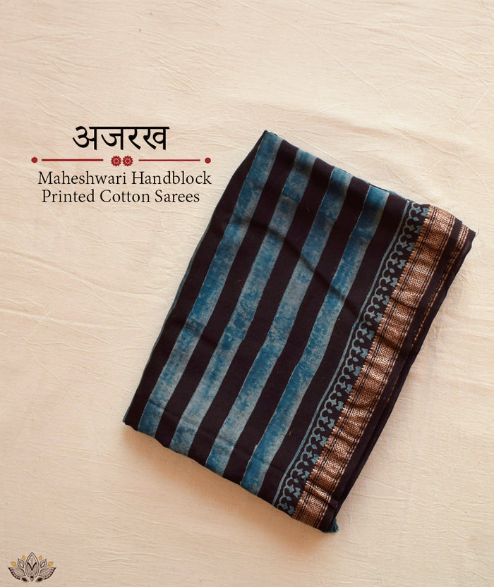 Ajrakh Handwoven Maheshwari cotton silk hand block printed saree