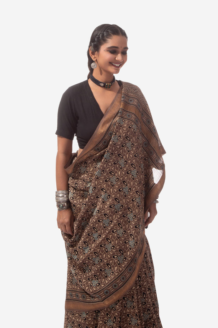 Ajrakh Handwoven Maheshwari cotton silk hand block printed saree