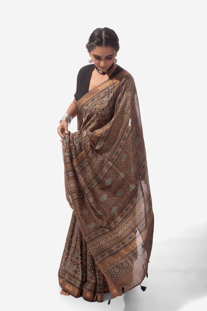 Ajrakh Handwoven Maheshwari cotton silk hand block printed saree