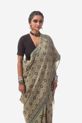 Ajrakh Handwoven Tussar silk hand block printed saree