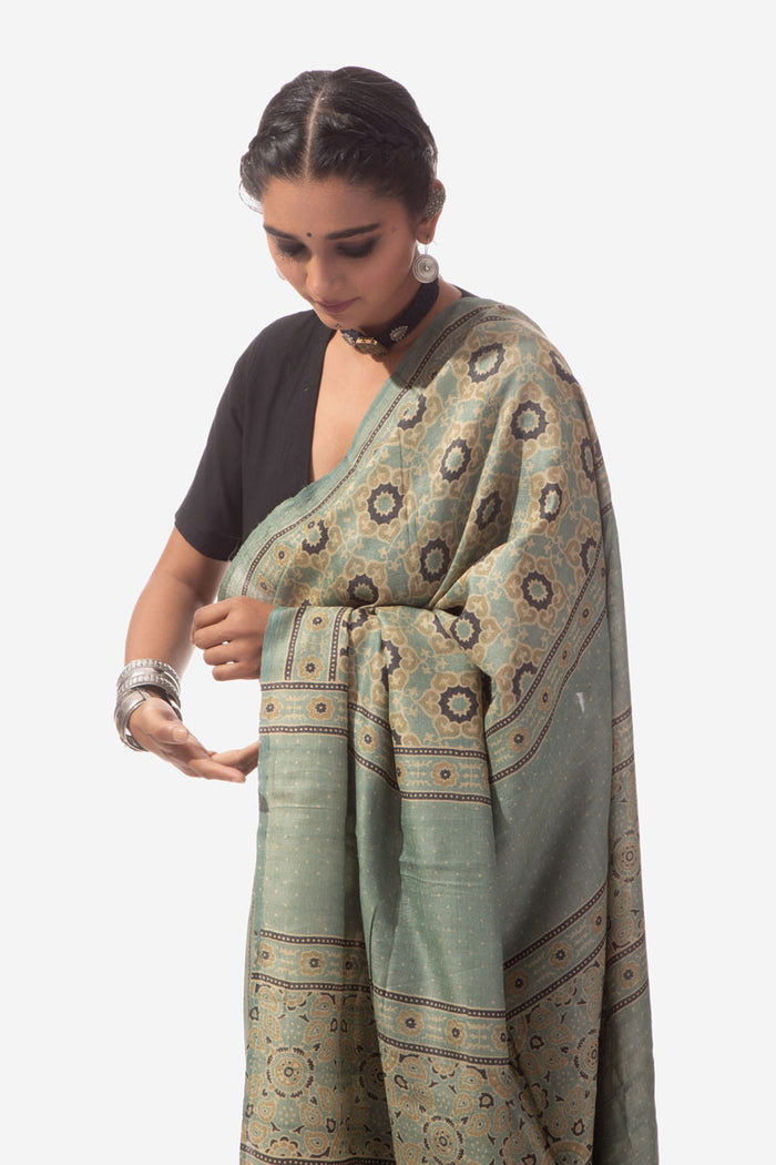 Ajrakh Handwoven Tussar silk hand block printed saree