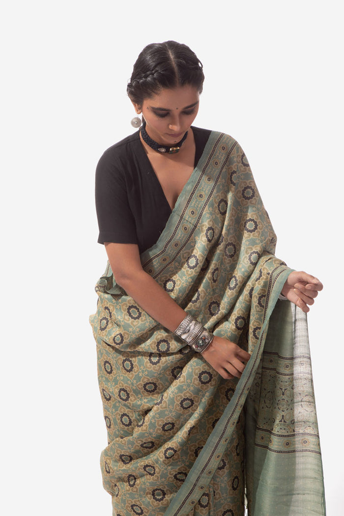 Ajrakh Handwoven Tussar silk hand block printed saree