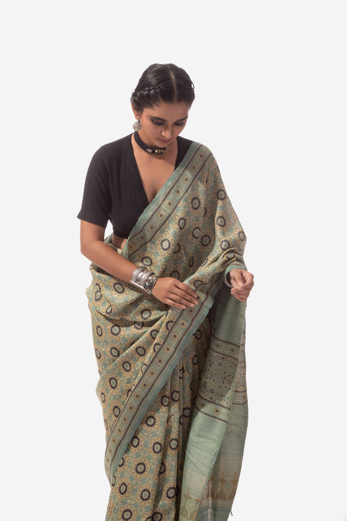 Ajrakh Handwoven Tussar silk hand block printed saree