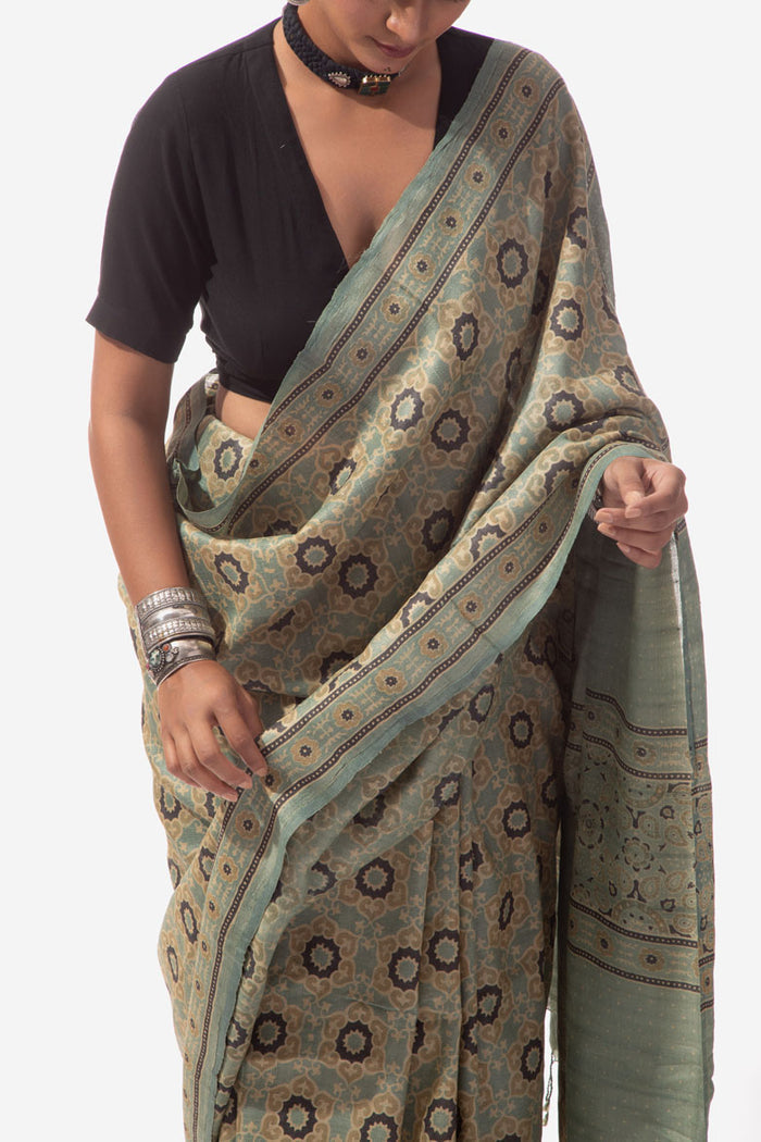 Ajrakh Handwoven Tussar silk hand block printed saree