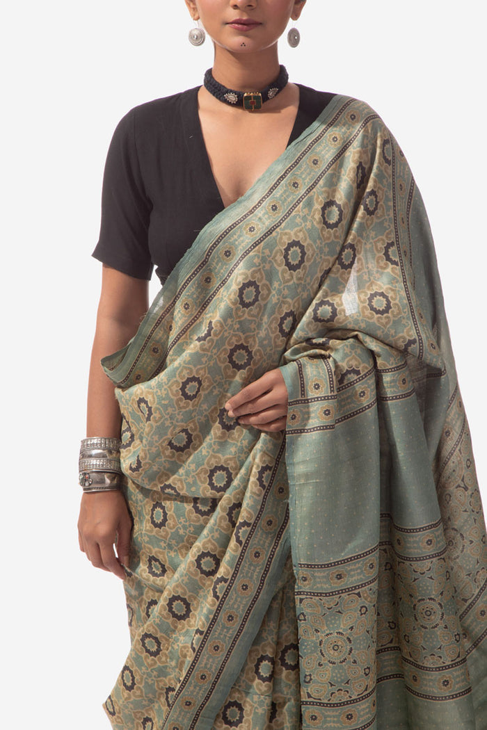 Ajrakh Handwoven Tussar silk hand block printed saree