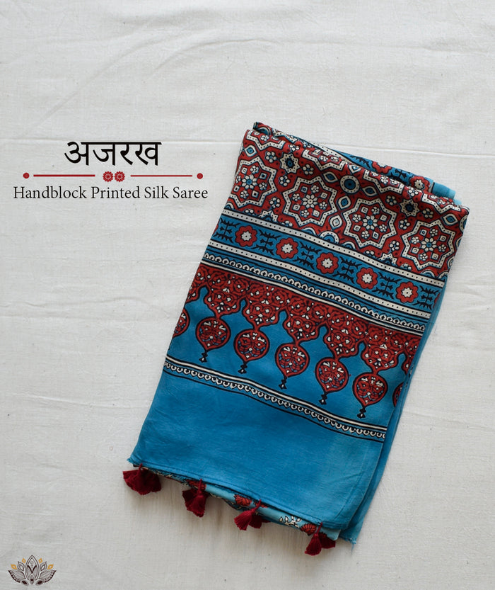 Ajrakh modal silk hand block printed saree
