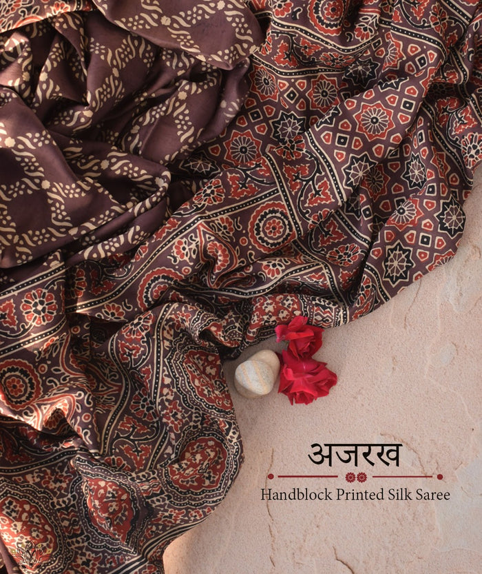 Ajrakh modal silk hand block printed saree