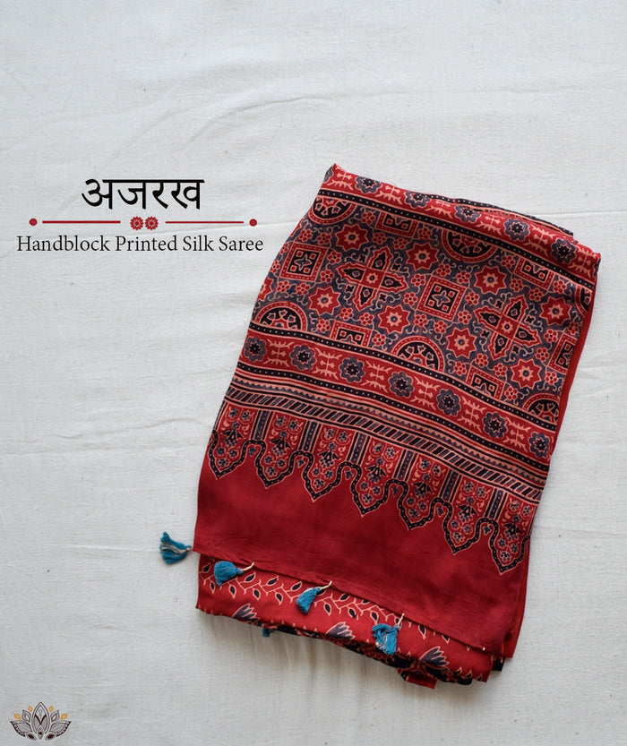 Ajrakh modal silk hand block printed saree