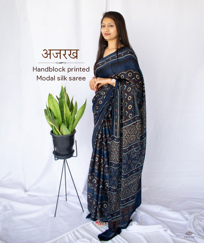 AJRAKH MODAL SILK HAND BLOCK PRINTED SAREE