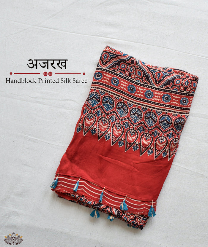 Ajrakh modal silk hand block printed saree