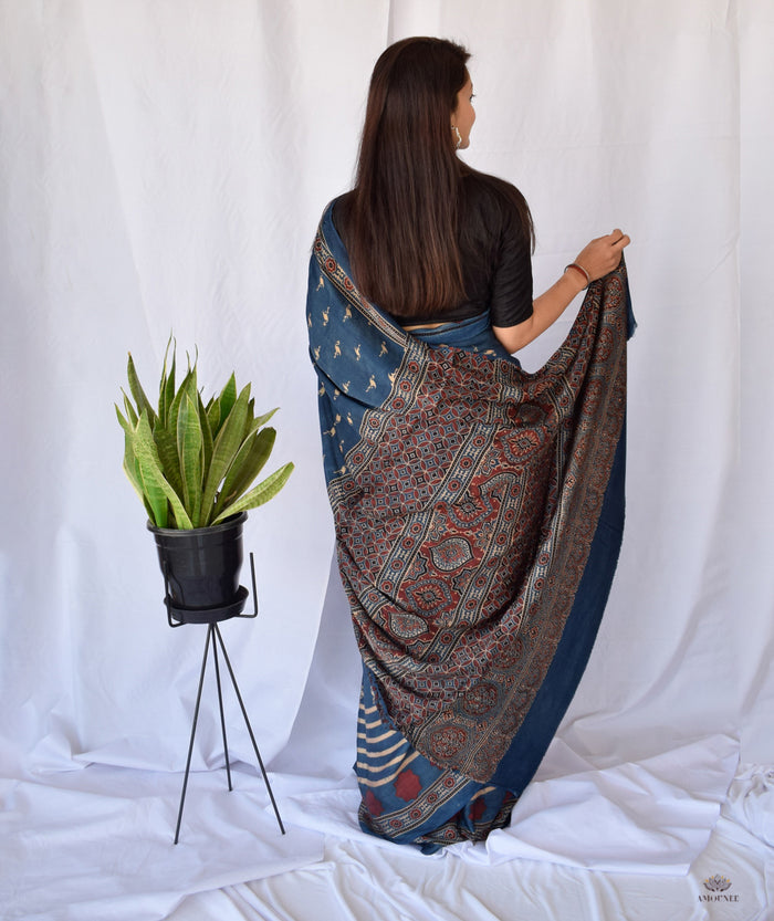 AJRAKH MODAL SILK HAND BLOCK PRINTED SAREE