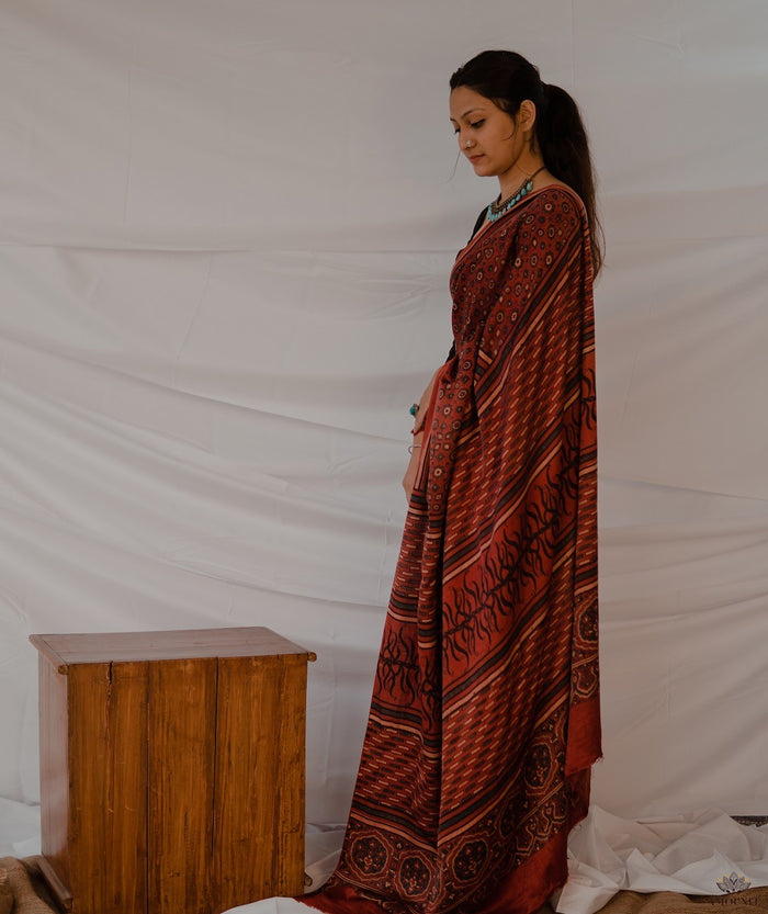 Ajrakh modal silk hand block printed saree