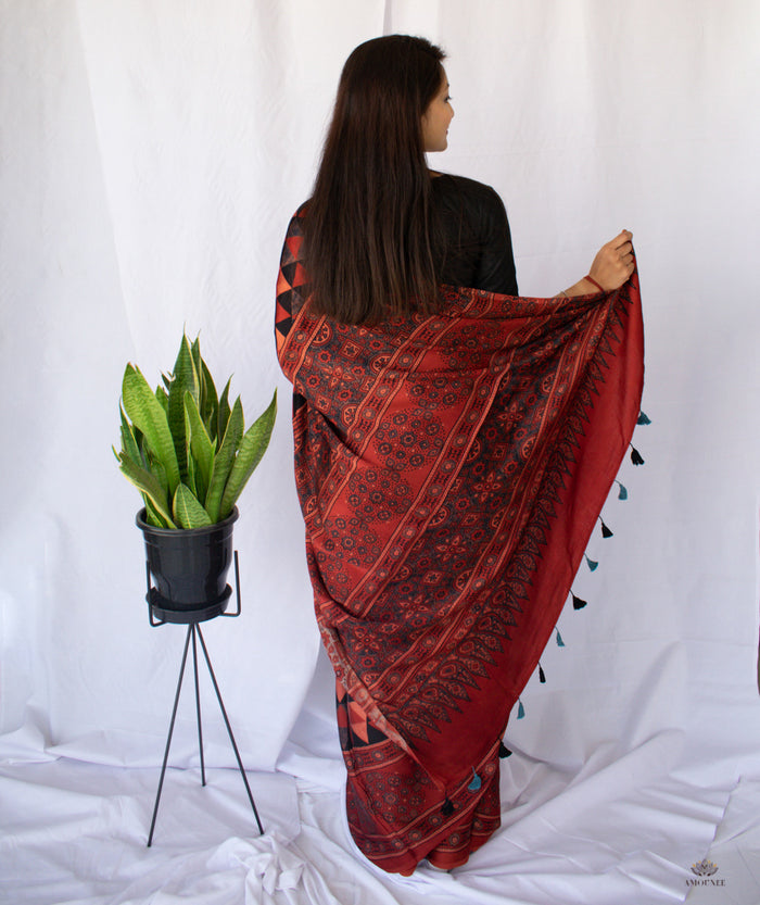 AJRAKH MODAL SILK HAND BLOCK PRINTED SAREE