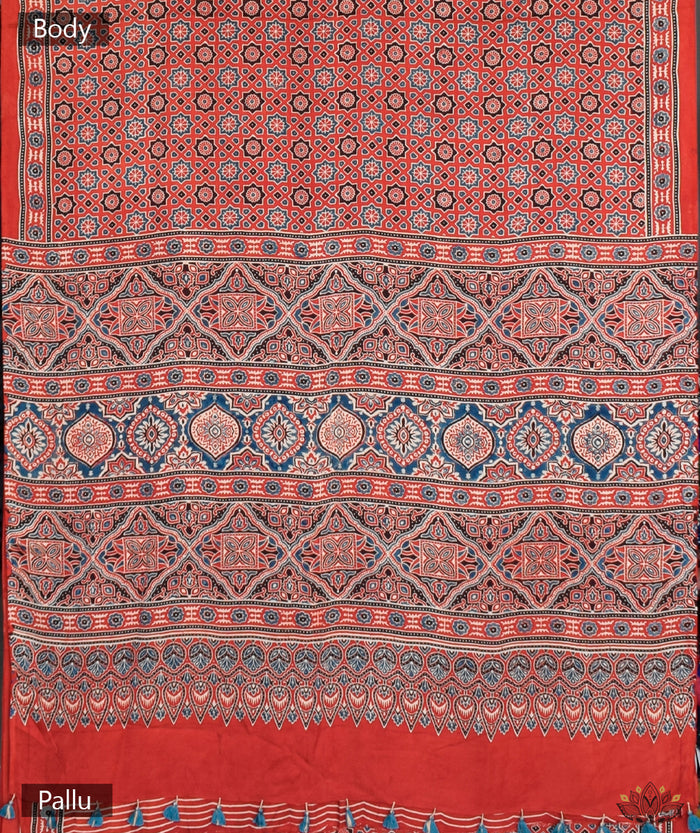 Ajrakh modal silk hand block printed saree
