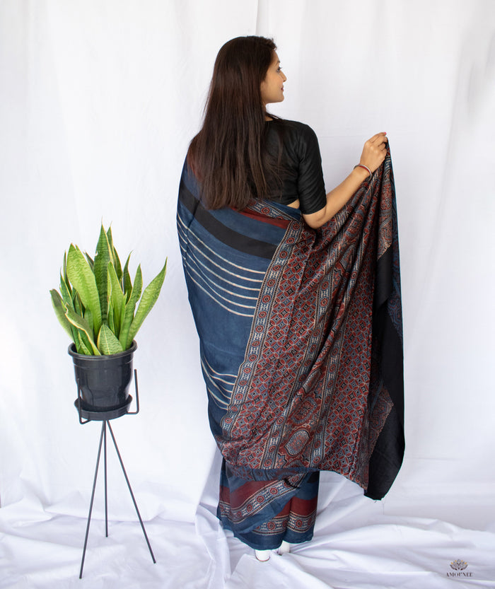 AJRAKH MODAL SILK HAND BLOCK PRINTED SAREE