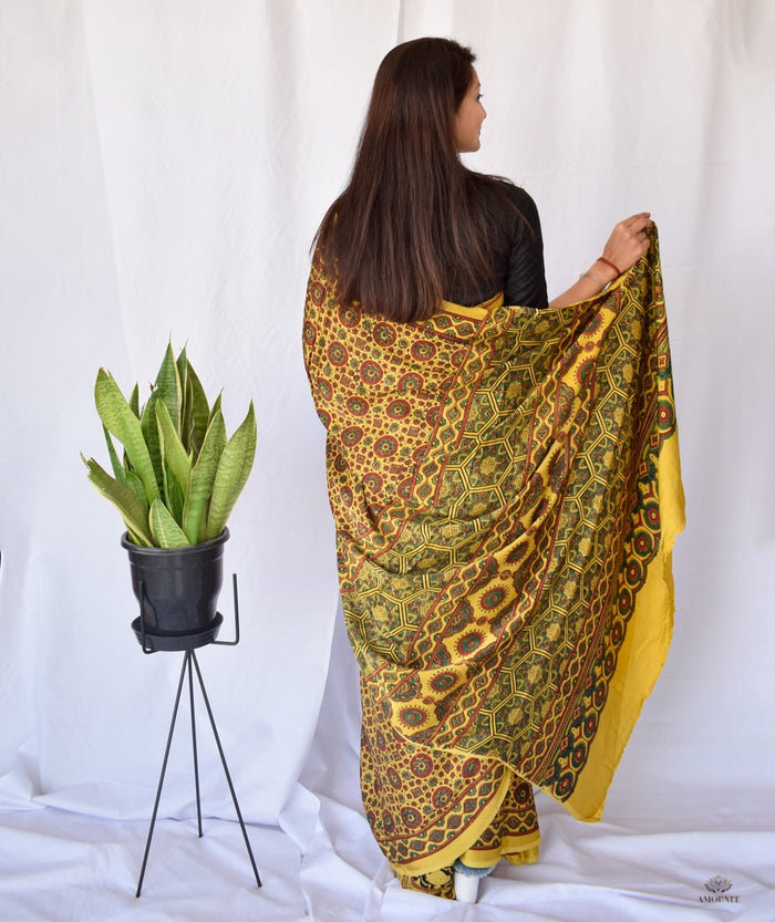 AJRAKH MODAL SILK HAND BLOCK PRINTED SAREE