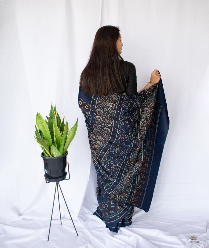 AJRAKH MODAL SILK HAND BLOCK PRINTED SAREE