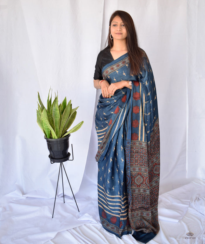 AJRAKH MODAL SILK HAND BLOCK PRINTED SAREE