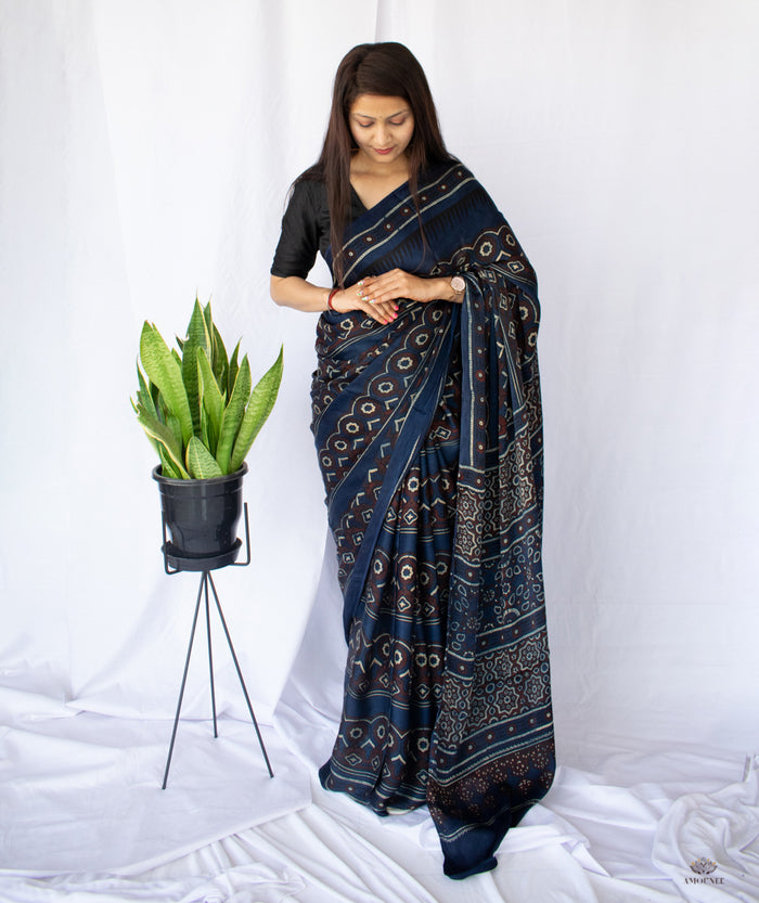 AJRAKH MODAL SILK HAND BLOCK PRINTED SAREE