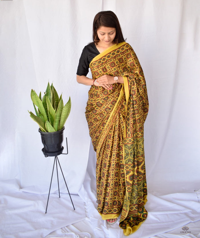 AJRAKH MODAL SILK HAND BLOCK PRINTED SAREE