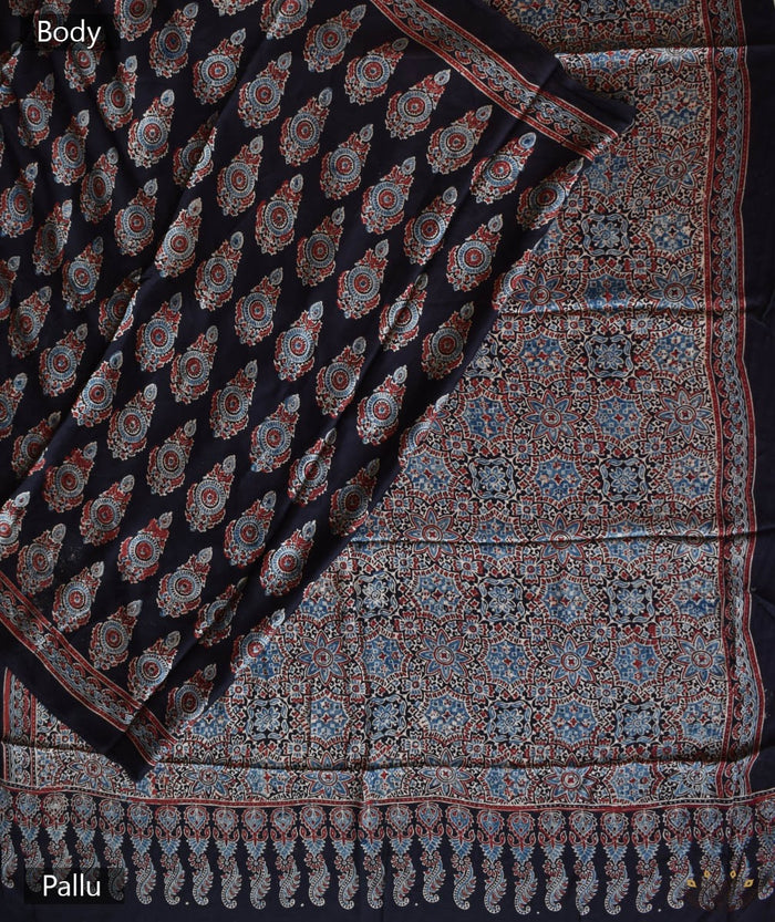 Ajrakh modal silk hand block printed saree