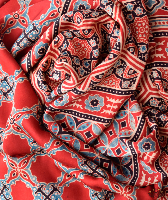 Ajrakh modal silk hand block printed saree