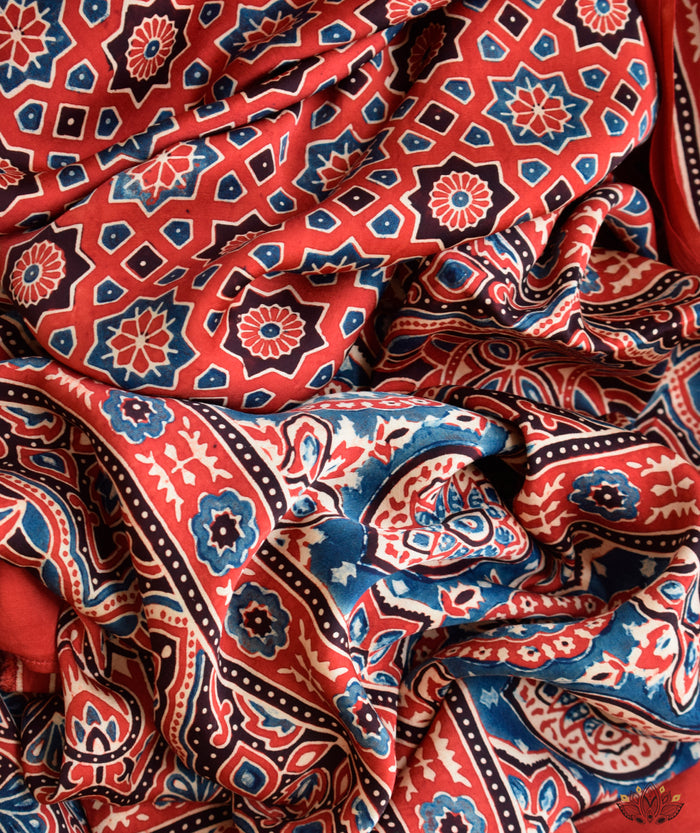 Ajrakh modal silk hand block printed saree