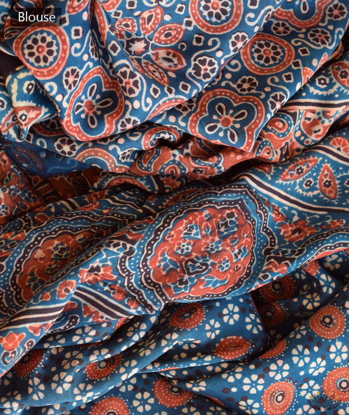 Ajrakh modal silk hand block printed saree