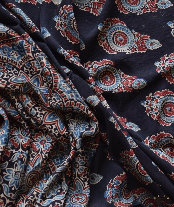 Ajrakh modal silk hand block printed saree