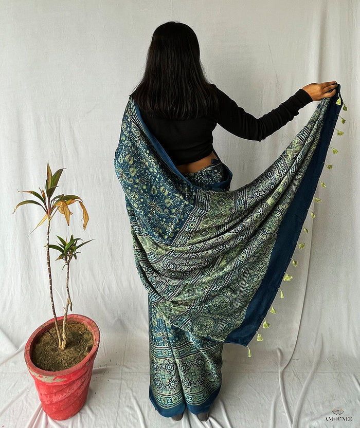 Ajrakh Modal Silk Handblock Printed Saree