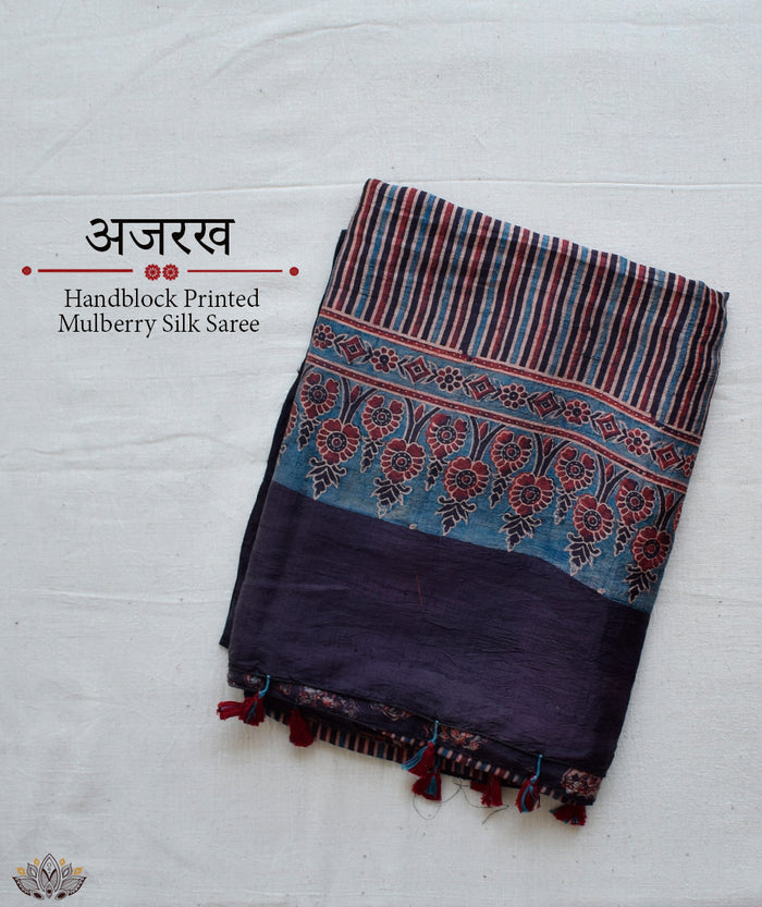Ajrakh mulberry silk hand block printed saree