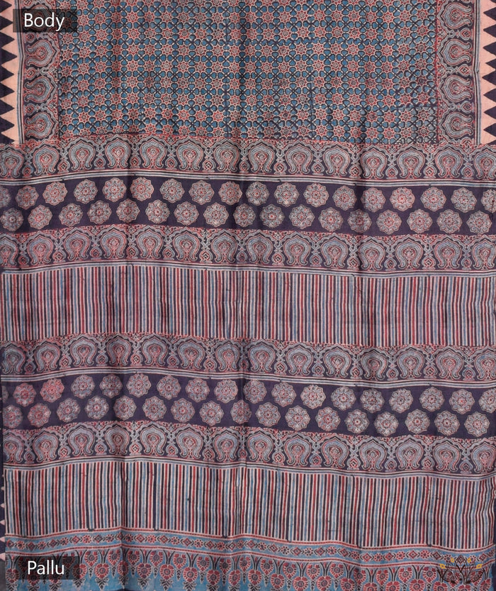 Ajrakh mulberry silk hand block printed saree