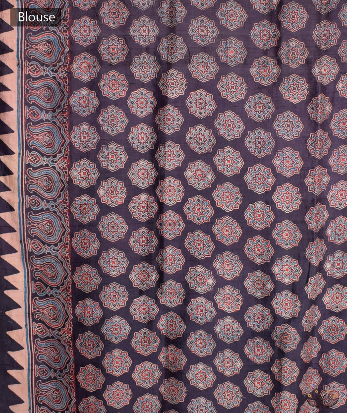 Ajrakh mulberry silk hand block printed saree