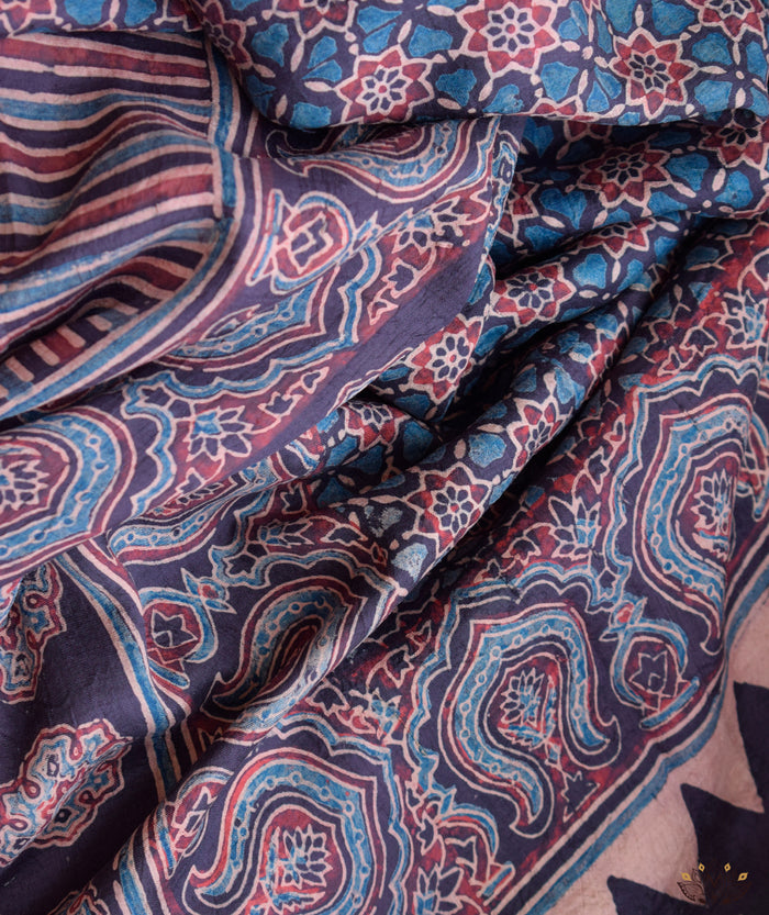 Ajrakh mulberry silk hand block printed saree