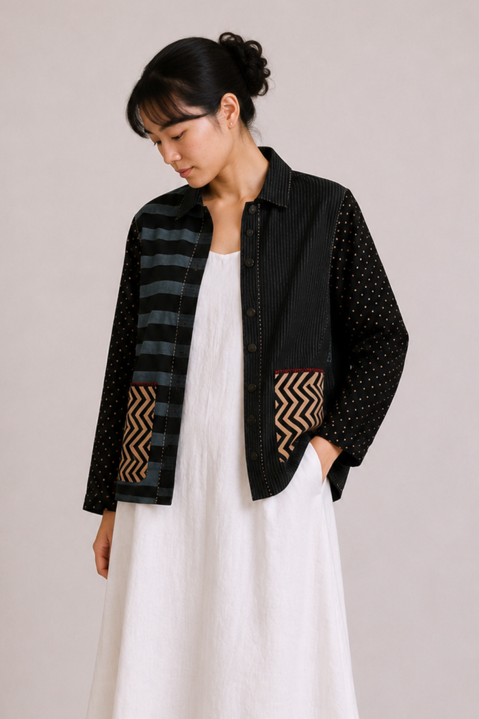 Ajrakh Patchwork Kala Cotton Unisex Shacket – Indigo