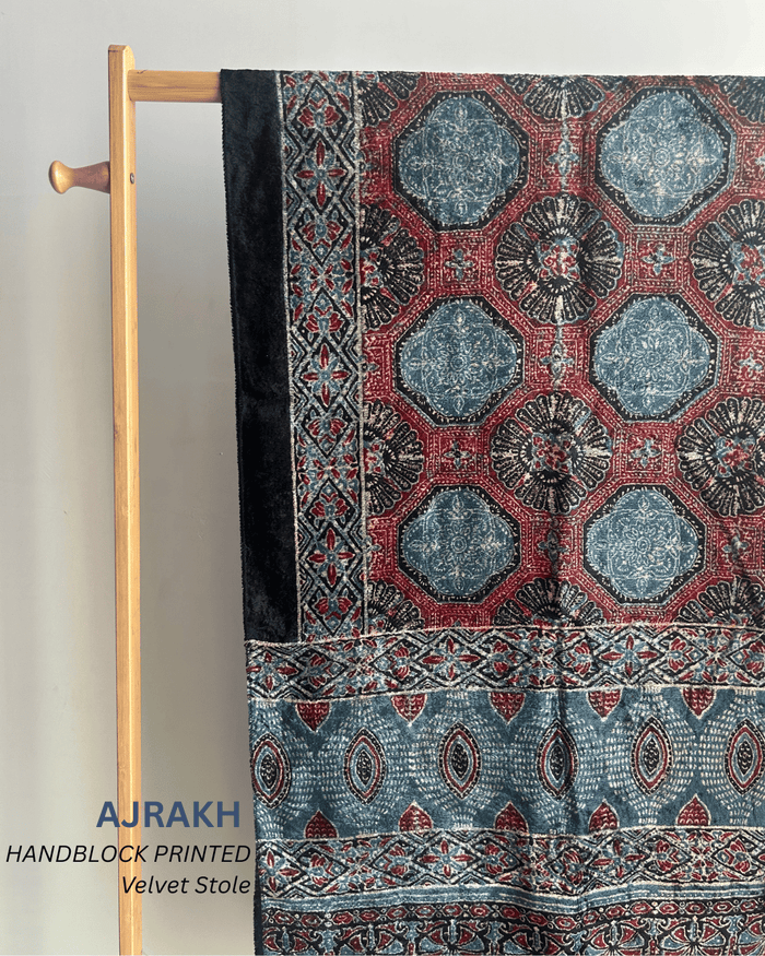 AJRAKH VELVET HANDBLOCK PRINTED STOLE