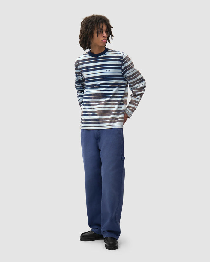 T-Shirts Arte Antwerp Sunfade Striped Long-Sleeved Relaxed Men's T-Shirt - AW26-178LS-NavyLightBlue
