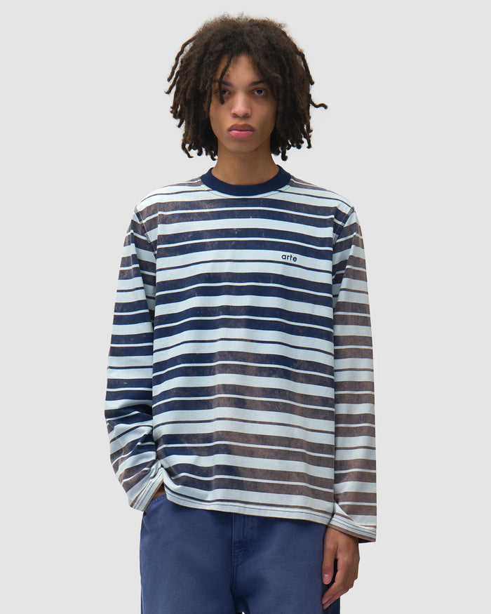 T-Shirts Arte Antwerp Sunfade Striped Long-Sleeved Relaxed Men's T-Shirt - AW26-178LS-NavyLightBlue