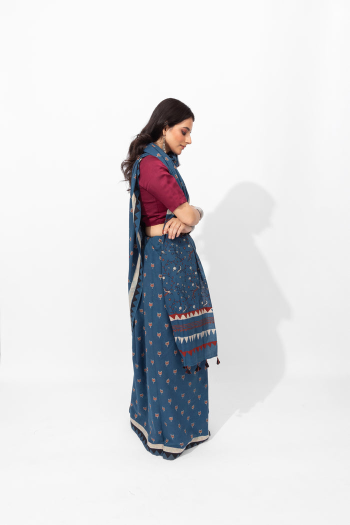 Exclusive Amounee Ajrakh Hand Block Printed Cotton Saree