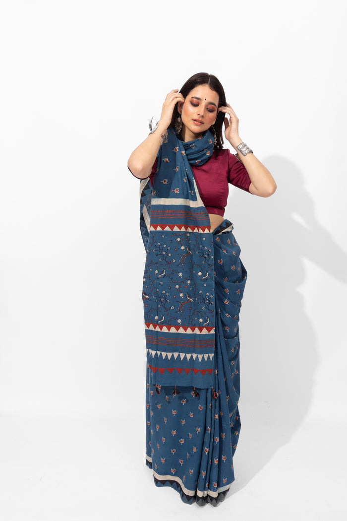 Exclusive Amounee Ajrakh Hand Block Printed Cotton Saree