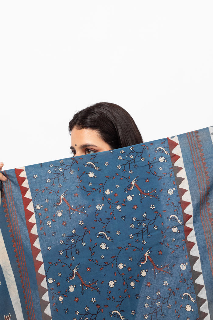 Exclusive Amounee Ajrakh Hand Block Printed Cotton Saree