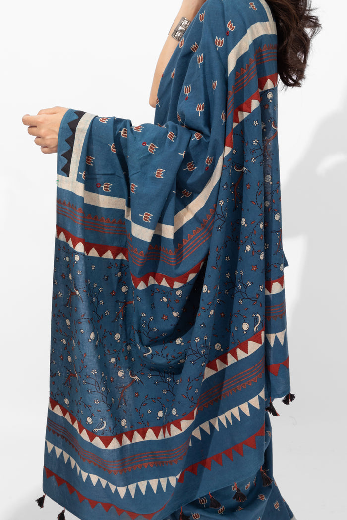 Exclusive Amounee Ajrakh Hand Block Printed Cotton Saree