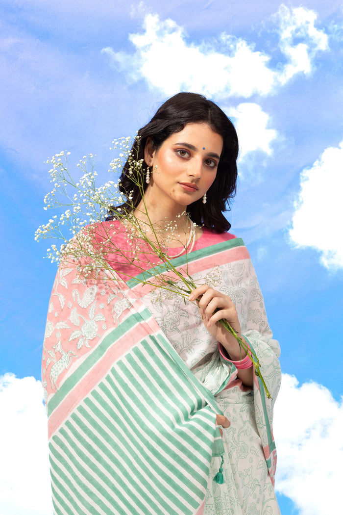 Exclusive Amounee Sanganeer Hand Block Printed Cotton Saree