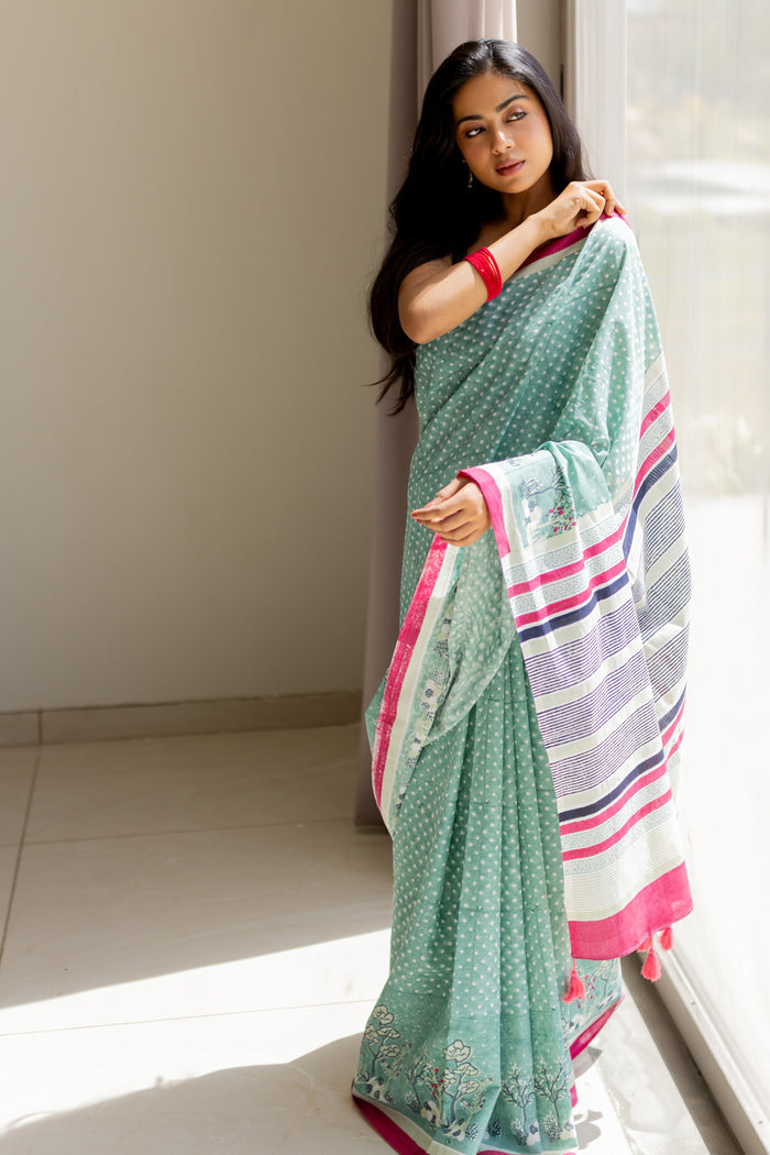 Exclusive Amounee Sanganeer Hand Block Printed Cotton Saree