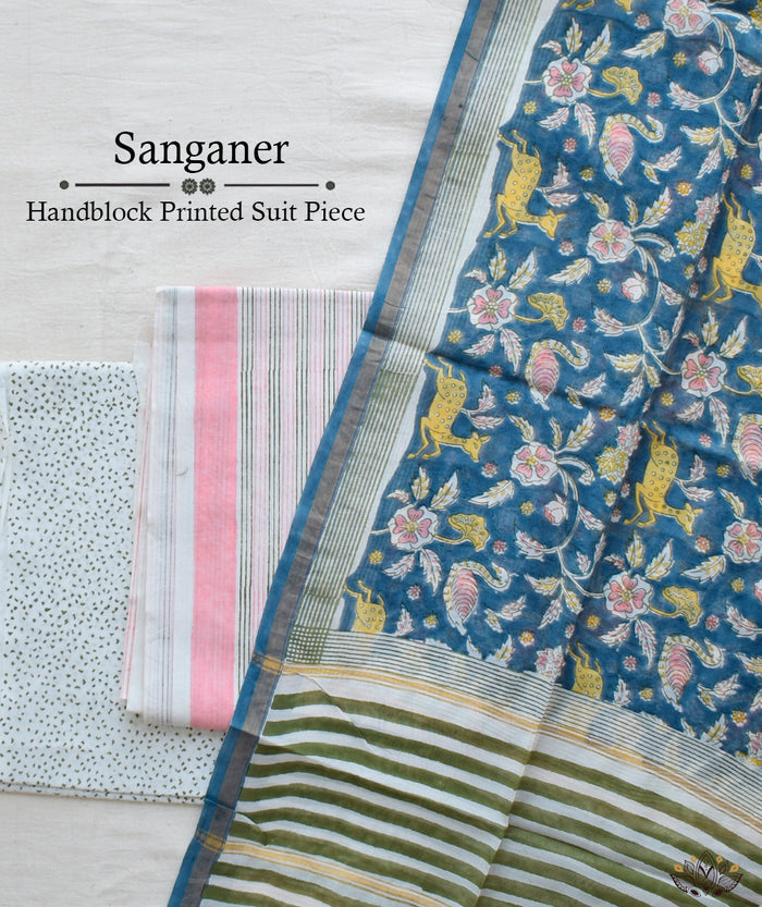 Exclusive Amounee Sangneer Hand Block Printed Chanderi Suit Piece with Chanderi Dupatta
